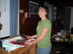 Rachel with cleaver Rachel prepares the placenta
