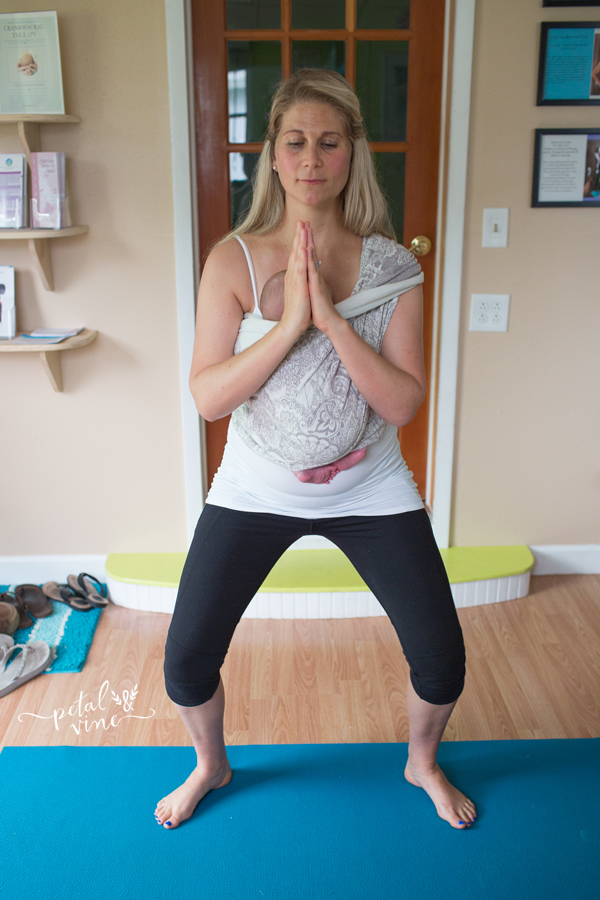 Prayer Squat 1: newborn babywearing yoga poses